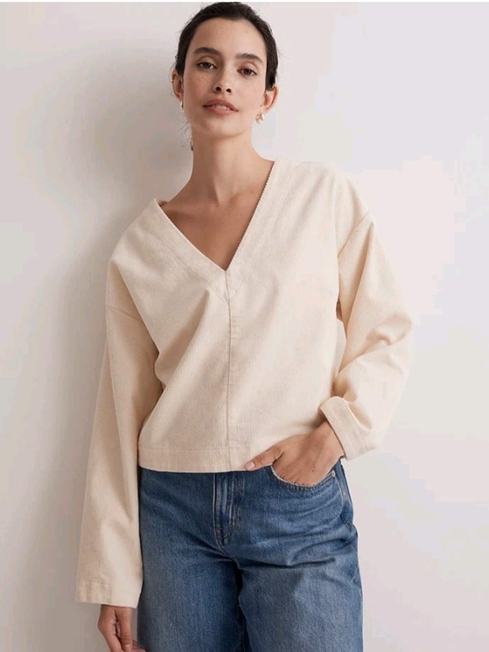 NWT Madewell Large Waffle-Knit Relaxed V-Neck Top Antique Cream